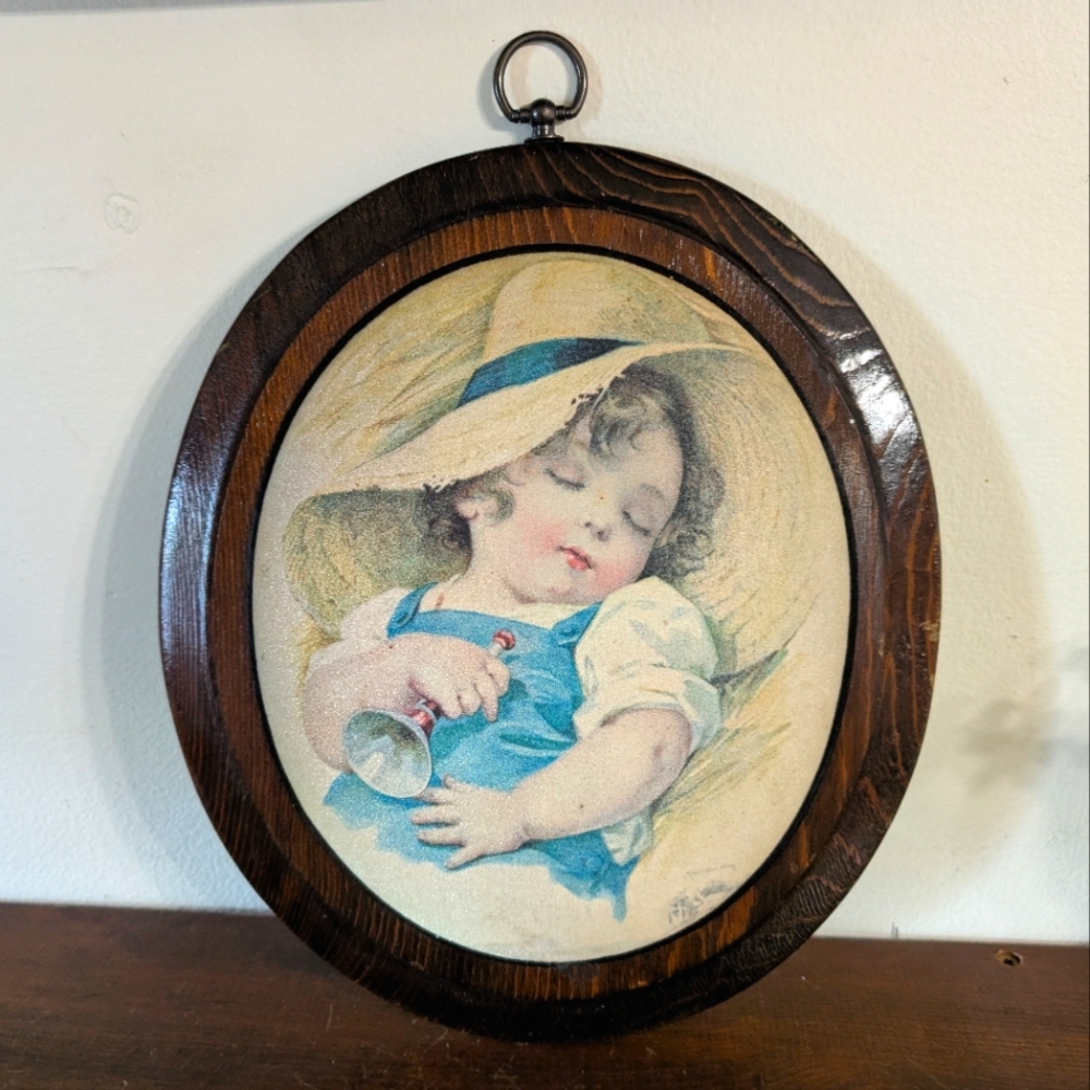 Vintage " Little Blue Boy " Convex Plaque Wooden Wall Decor Art Oval Cottagecore